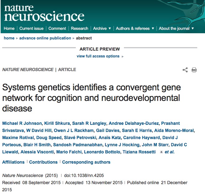 Johnson, Michael R; Shkura, Kirill; Langley, Sarah R; Delahaye-Duriez, Andree; Srivastava, Prashant et al. (2015) Systems genetics identifies a convergent gene network for cognition and neurodevelopmental disease // Nature