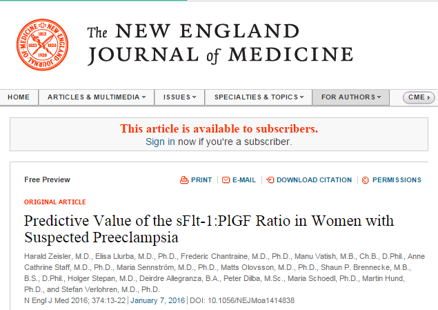Predictive Value of the sFlt-1: PlGF Ratio in Women with Suspected Preeclampsia ©