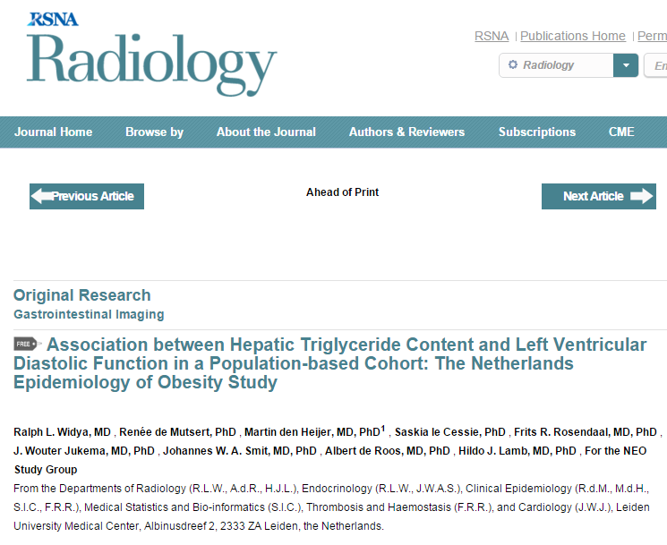 Association between Hepatic Triglyceride Content and Left Ventricular Diastolic Function in a Population-based Cohort: The Netherlands Epidemiology of Obesity Study ©