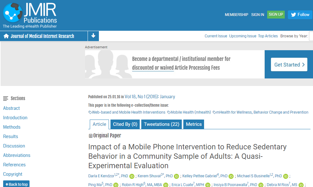 Impact of a Mobile Phone Intervention to Reduce Sedentary Behavior in a Community Sample of Adults: A Quasi-Experimental Evaluation ©