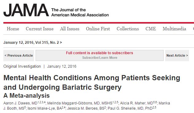 Dawes A. J. et al. Mental Health Conditions Among Patients Seeking and Undergoing Bariatric Surgery: A Meta-analysis //JAMA. – 2016. – Т. 315. – №. 2. – С. 150-163.