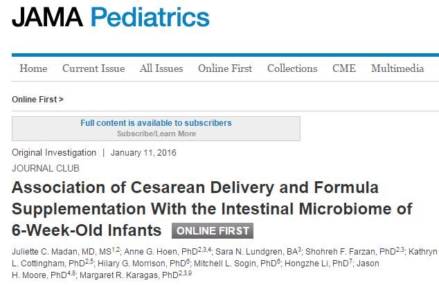 Madan J. C. et al. Association of Cesarean Delivery and Formula Supplementation With the Intestinal Microbiome of 6-Week-Old Infants //JAMA pediatrics. – 2016. – С. 1-8.