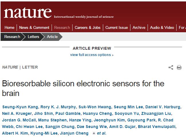 Rory K. J. Murphy, et al. Bioresorbable silicon electronic sensors for the brain // Nature - 2016.