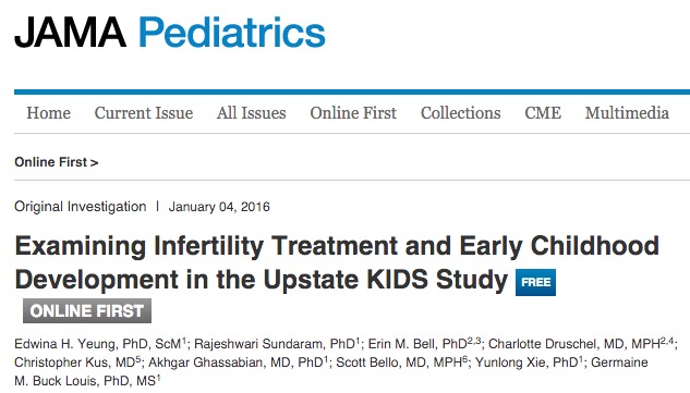 бесплодие, развитие ребенка, JAMA Pediatrics Yeung, Edwina H.; Sundaram, Rajeshwari; Bell, Erin M.; Druschel, Charlotte; Kus, Christopher et al. Examining Infertility Treatment and Early Childhood Development in the Upstate KIDS Study // JAMA Pediatrics - 2015 - p. 1-9