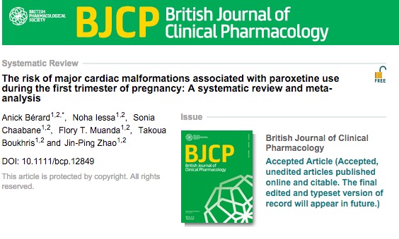 Bérard A. et al. The risk of major cardiac malformations associated with paroxetine use during the first trimester of pregnancy: A systematic review and meta‐analysis //British journal of clinical pharmacology. – 2015.
