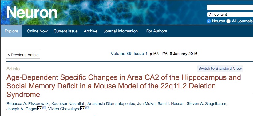 Piskorowski, Rebecca A.; Nasrallah, Kaoutsar; Diamantopoulou, Anastasia; Mukai, Jun; Hassan, Sami I. et al. (2016) Age-Dependent Specific Changes in Area CA2 of the Hippocampus and Social Memory Deficit in a Mouse Model of the 22q11.2 Deletion Syndrome // Neuron - vol. 89 (1) - p. 163-176