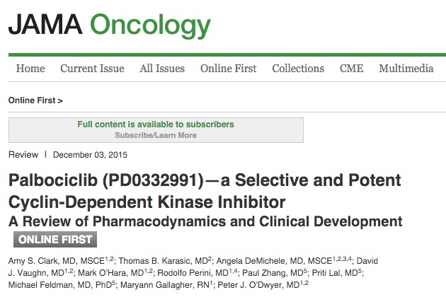 Clark A. S. et al. Palbociclib (PD0332991)—a Selective and Potent Cyclin-Dependent Kinase Inhibitor: A Review of Pharmacodynamics and Clinical Development //JAMA oncology. – 2015. – С. 1-8.