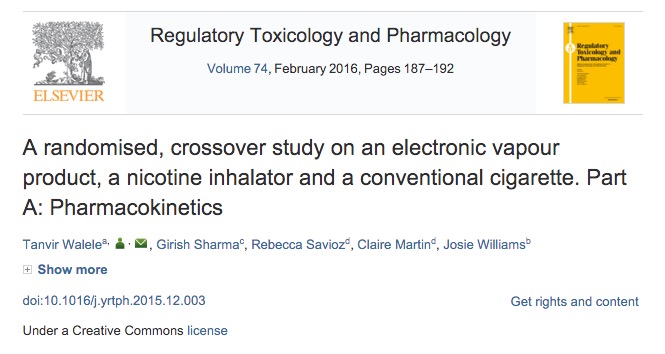 Walele T. et al. A randomised, crossover study on an electronic vapour product, a nicotine inhalator and a conventional cigarette. Part A: Pharmacokinetics //Regulatory Toxicology and Pharmacology. – 2015.