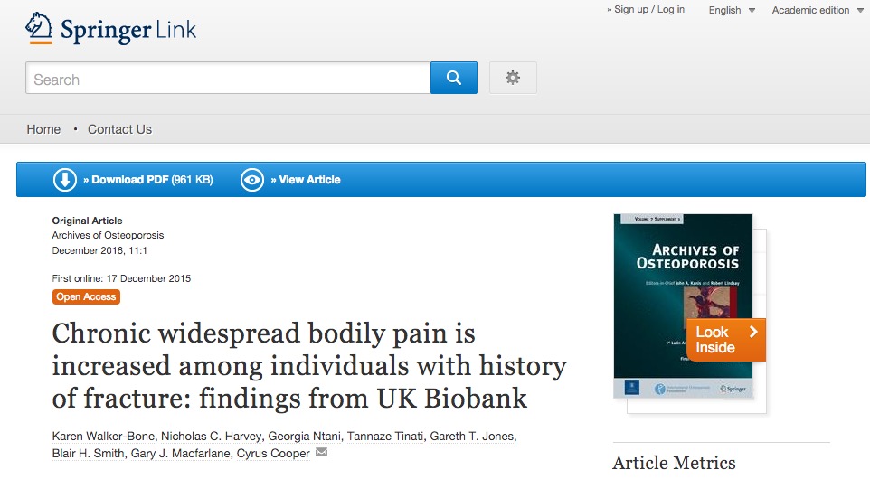 Walker-Bone K. et al. Chronic widespread bodily pain is increased among individuals with history of fracture: findings from UK Biobank //Archives of osteoporosis. – 2016. – Т. 11. – №. 1. – С. 1-10.