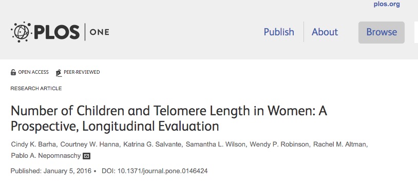 Cindy Barha et al. Number of children and telomere length in women: A prospective, longitudinal evaluation, Pablo Nepomnaschy // PLOS One - 2016.