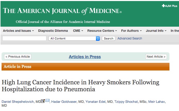 Shepshelovich D. et al. High Lung Cancer Incidence in Heavy Smokers Following Hospitalization due to Pneumonia //The American journal of medicine. – 2015.