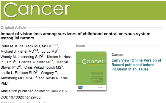 de Blank, Peter M K; Fisher, Michael J; Lu, Lu; Leisenring, Wendy M; Ness, Kirsten K et al. (2016) Impact of vision loss among survivors of childhood central nervous system astroglial tumors. // Cancer