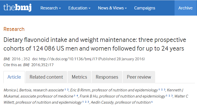 Dietary flavonoid intake and weight maintenance: three prospective cohorts of 124 086 US men and women followed for up to 24 years ©BMJ