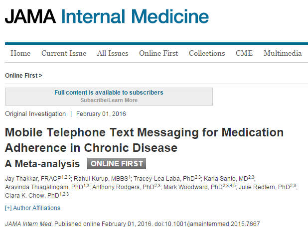 Mobile Telephone Text Messaging for Medication Adherence in Chronic Disease: A Meta-analysis © American Medical Association