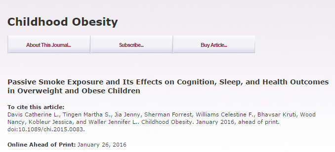 Passive Smoke Exposure and Its Effects on Cognition, Sleep, and Health Outcomes in Overweight and Obese Children ©Mary Ann Liebert