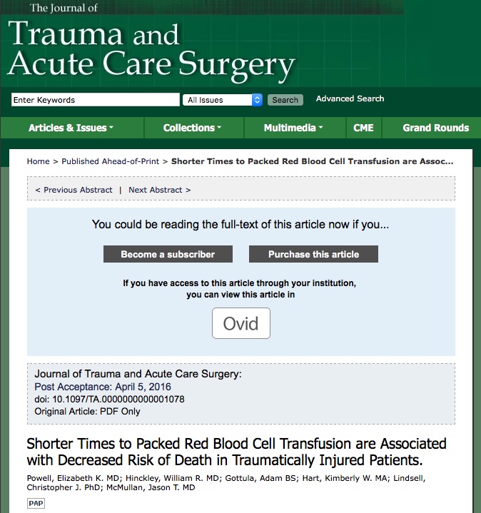 переливание крови, Journal of Trauma and Acute Care Surgery
