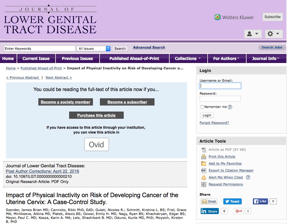 физическая активность, рак шейки матки, Journal of Lower Genital Tract Disease