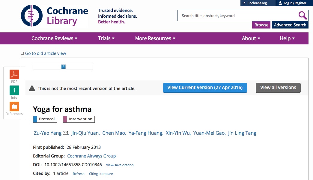 йога, качество жизни, астма, The Cochrane Library