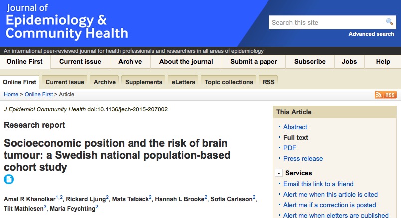 опухоль головного мозга, Journal of Epidemiology & Community Health