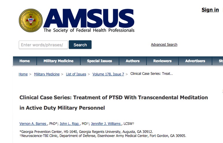 Barnes V. A. et al. Impact of Transcendental Meditation on Psychotropic Medication Use Among Active Duty Military Service Members With Anxiety and PTSD //Military Medicine. – 2016. – Т. 181. – №. 1. – С. 56-63.