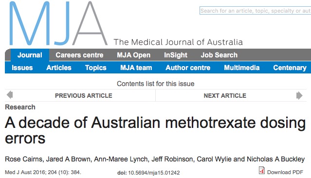 передозировка, ревматоидный артрит, Medical Journal of Australia 